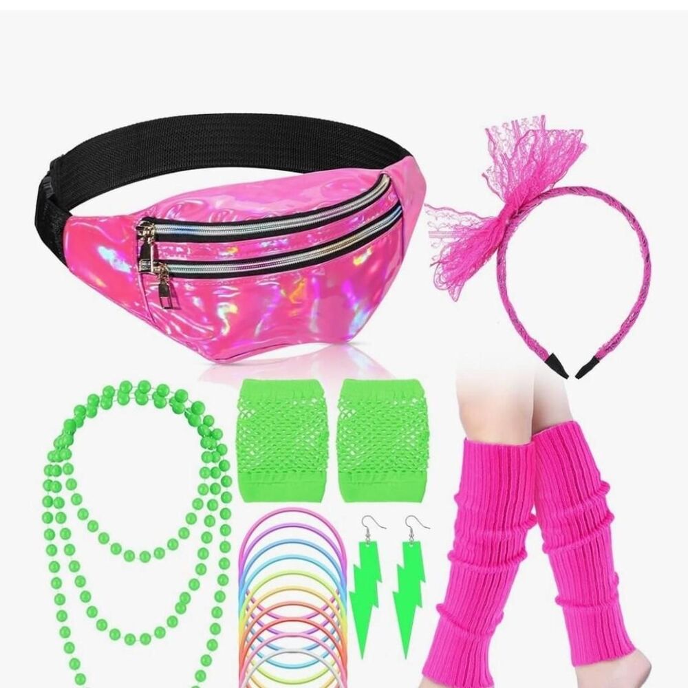 80's fanny pack set. Necklaces, mesh gloves, headband, bangles, leg warmers NEW